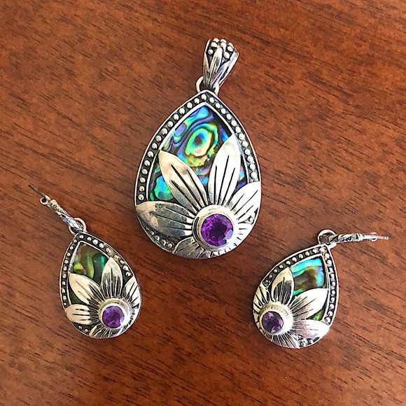 Silver set with abalone pearl and amethyst🌸earrings with pendant 🌺 - Picture 9 of 14